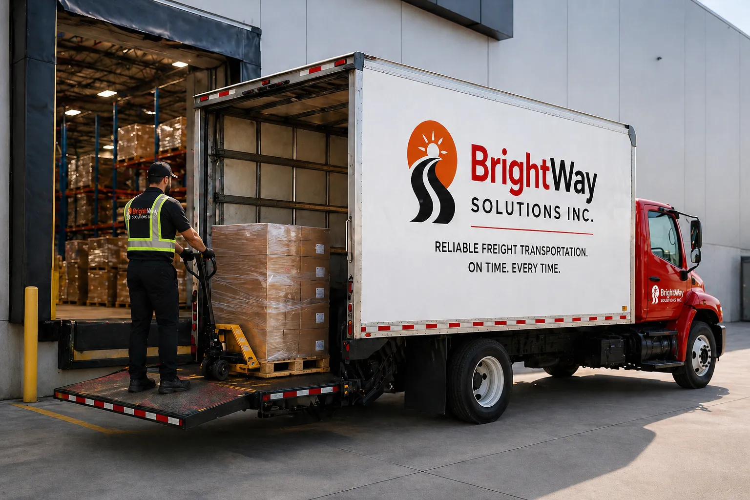 A delivery driver in a high-visibility vest operates a pallet jack to load a wrapped pallet of freight into a BrightWay Solutions Inc