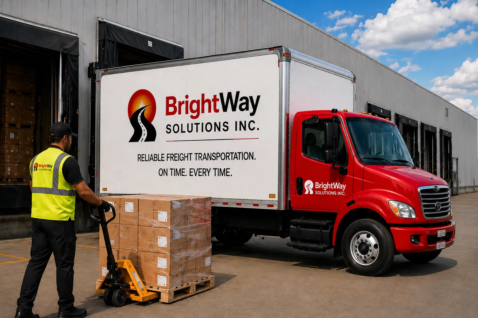 A BrightWay Solutions Inc. delivery driver uses a pallet jack to move a stack of boxes toward a red and white box truck at a loading dock
