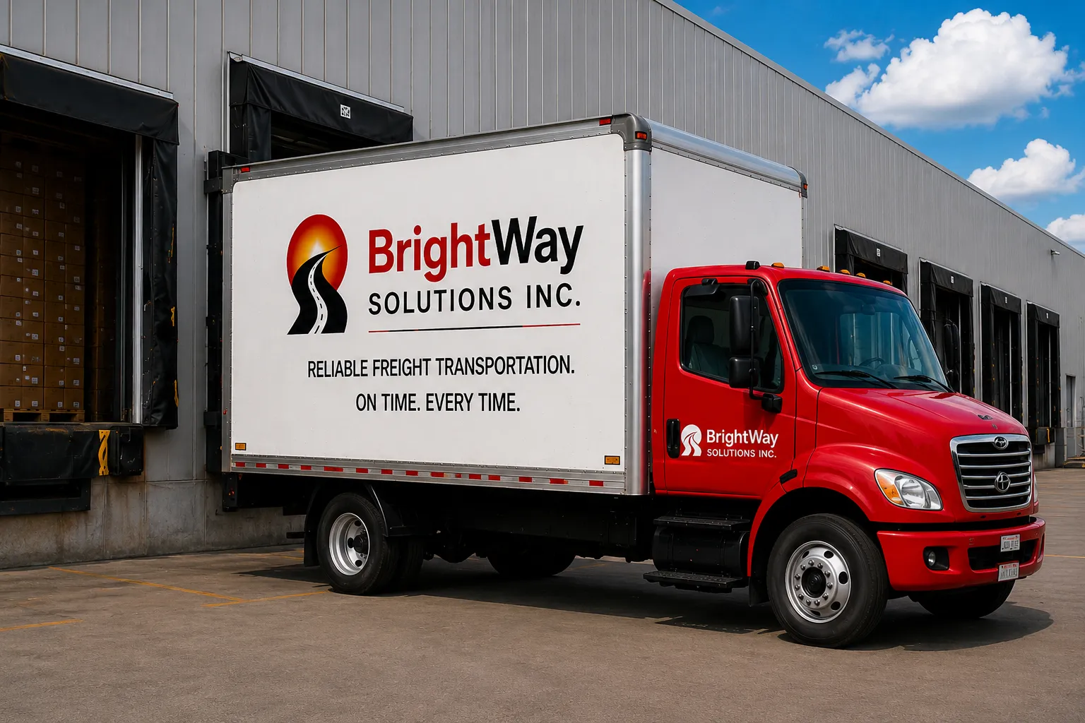 A red and white BrightWay Solutions Inc. commercial box truck parked at an industrial loading bay under a bright blue sky