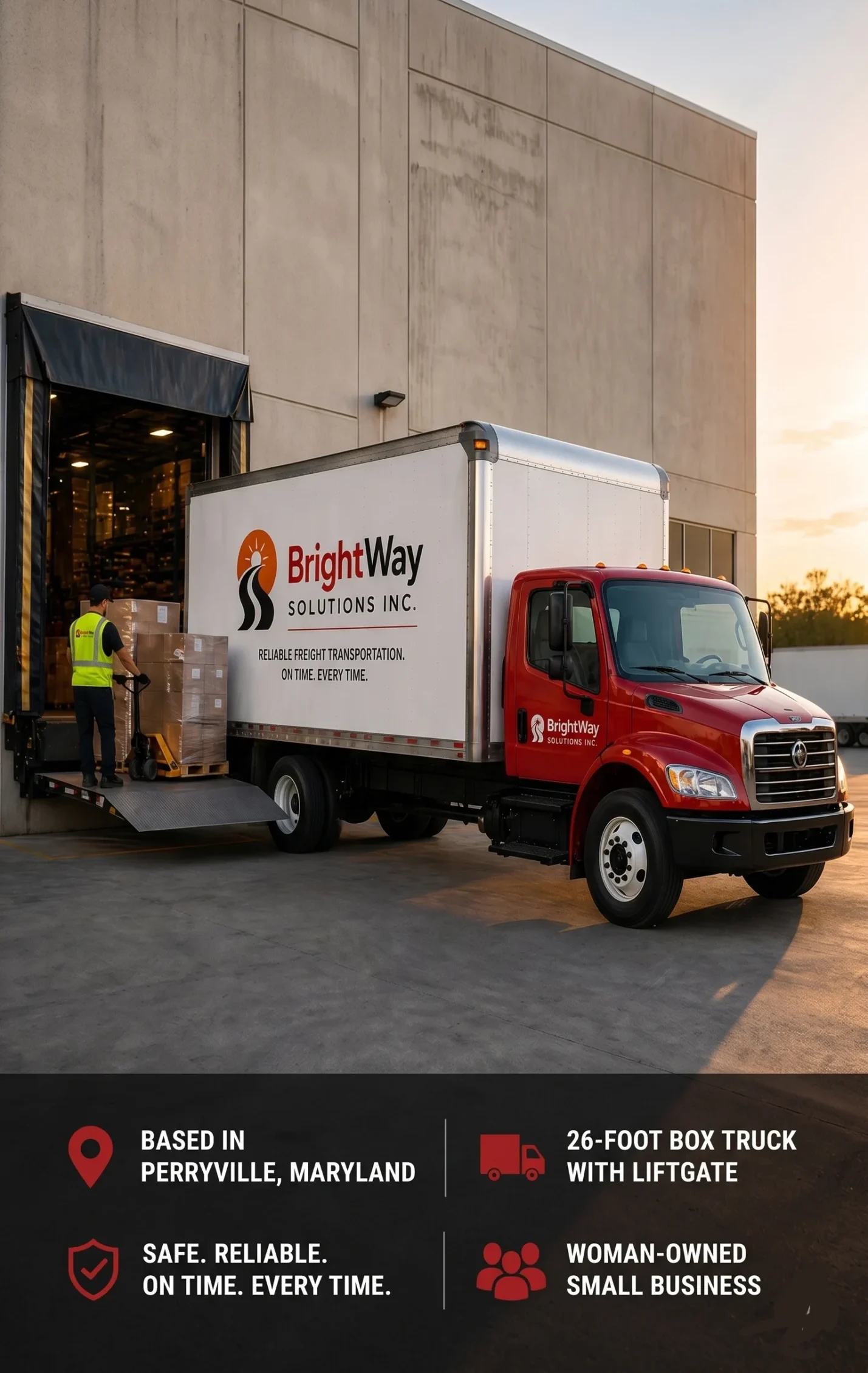 A BrightWay Solutions Inc. box truck with its liftgate extended as a worker maneuvers a pallet of goods, featuring a footer highlighting company facts